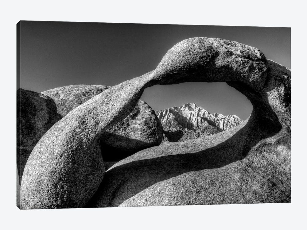 USA, California, Alabama Hills. Black and white of Mobius Arch at sunrise. by Jaynes Gallery 1-piece Canvas Print