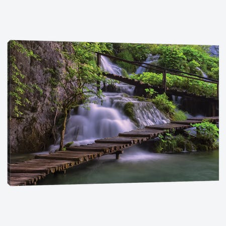 Croatia, Plitvice Lakes National Park. Scenic Of Waterfall And Wooden Walkway. Canvas Print #JYG891} by Jaynes Gallery Canvas Art