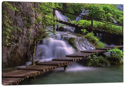 Croatia, Plitvice Lakes National Park. Scenic Of Waterfall And Wooden Walkway. Canvas Art Print - Croatia Art