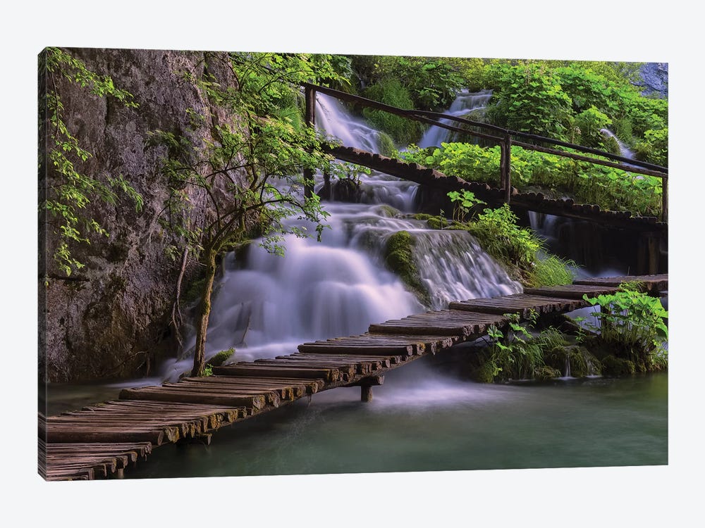 Croatia, Plitvice Lakes National Park. Scenic Of Waterfall And Wooden Walkway. by Jaynes Gallery 1-piece Art Print