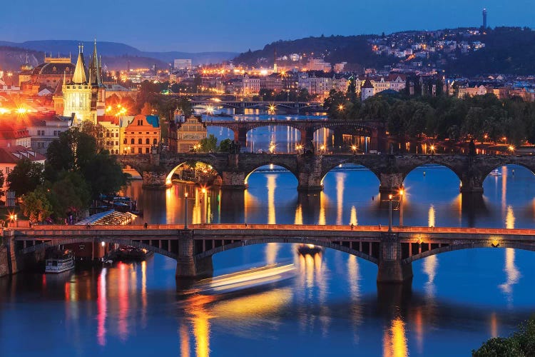 Europe, Czech Republic, Prague. Sunset On City And River Bridges.