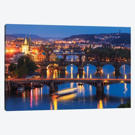 Europe, Czech Republic, Prague. Sunset On City And River Bridges. Canvas Print #JYG905} by Jaynes Gallery Canvas Print