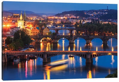 Europe, Czech Republic, Prague. Sunset On City And River Bridges. Canvas Art Print - Czech Republic Art