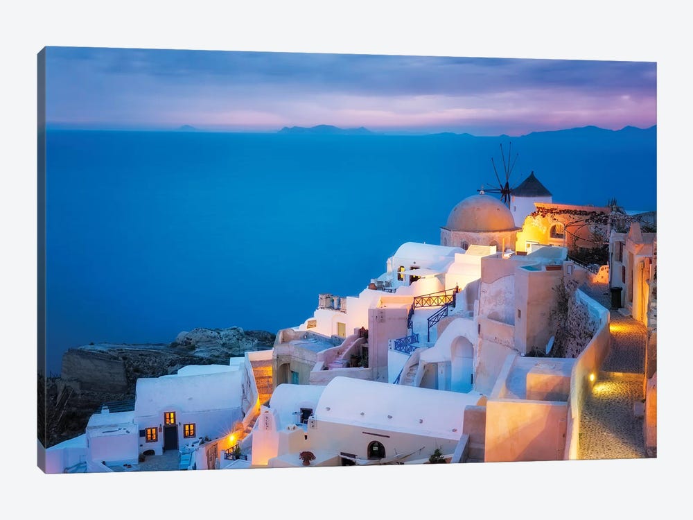 Europe, Greece, Santorini, Oia. Sunset On Coastal Town. by Jaynes Gallery 1-piece Canvas Art Print