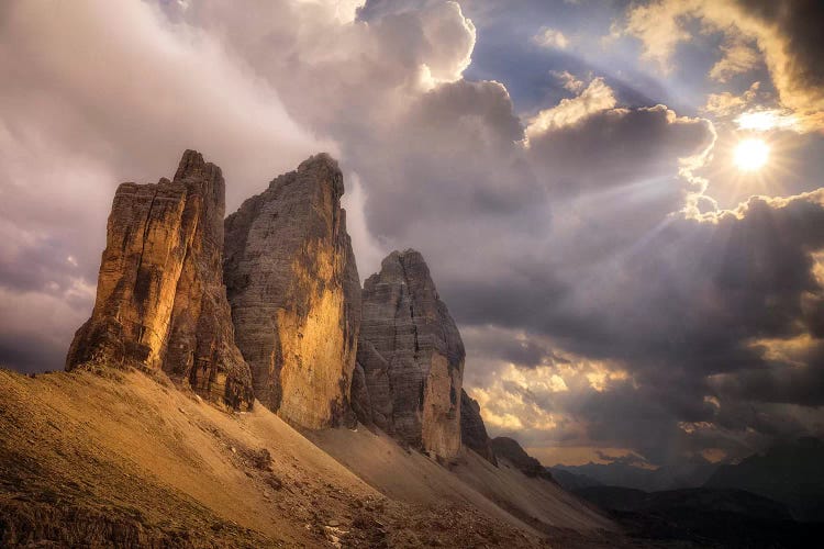 Europe, Italy, Dolomites. Tre Cime Di Lavaredo Peaks At Sunset.