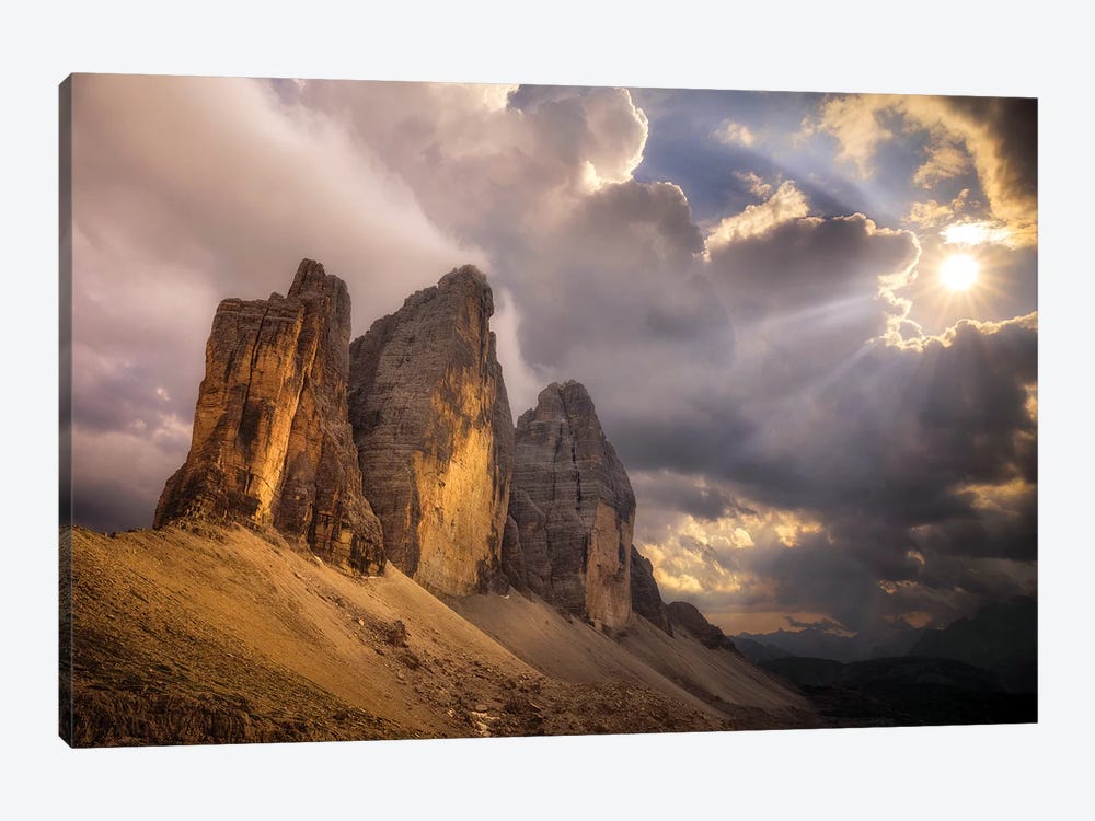 Europe, Italy, Dolomites. Tre Cime Di Lavaredo Peaks At Sunset. by Jaynes Gallery 1-piece Art Print