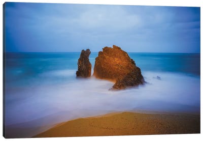 Europe, Italy, Monterosso. Rocks And Ocean Beach. Canvas Art Print