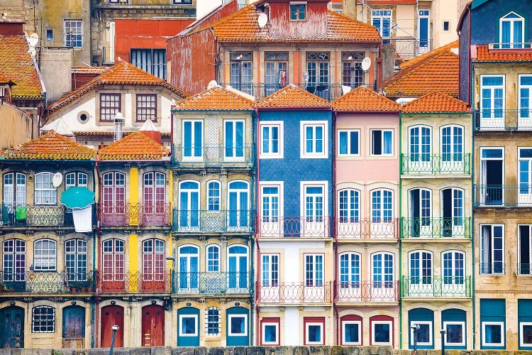 Europe, Portugal, Porto. Colorful Building Facades Next To Douro River.