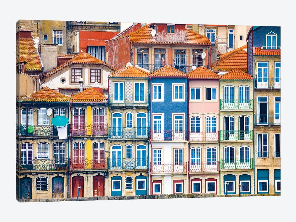 Europe, Portugal, Porto. Colorful Building Facades Next To Douro River. by Jaynes Gallery 1-piece Canvas Artwork