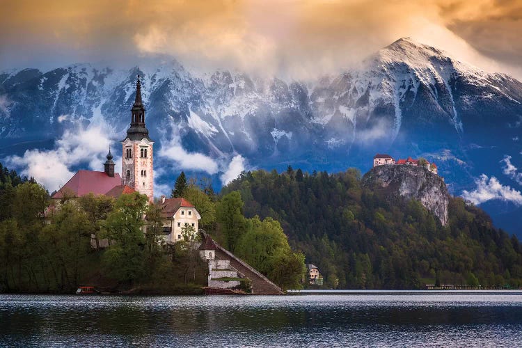 Europe, Slovenia, Lake Bled. Church Castle On Lake Island And Mountain Landscape.