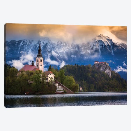 Europe, Slovenia, Lake Bled. Church Castle On Lake Island And Mountain Landscape. Canvas Print #JYG937} by Jaynes Gallery Canvas Wall Art