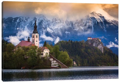Europe, Slovenia, Lake Bled. Church Castle On Lake Island And Mountain Landscape. Canvas Art Print - Jaynes Gallery