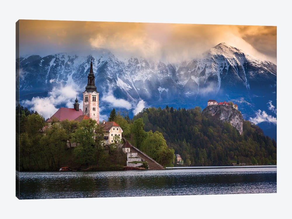 Europe, Slovenia, Lake Bled. Church Castle On Lake Island And Mountain Landscape. by Jaynes Gallery 1-piece Canvas Artwork