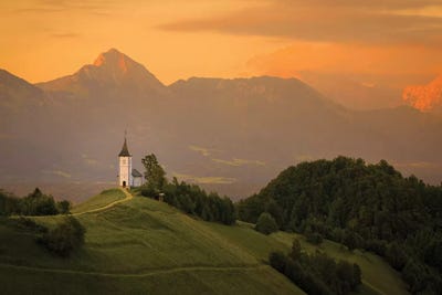 Europe, Slovenia. Chapel Of St. Primoz At Sunset. by Jaynes Gallery art print