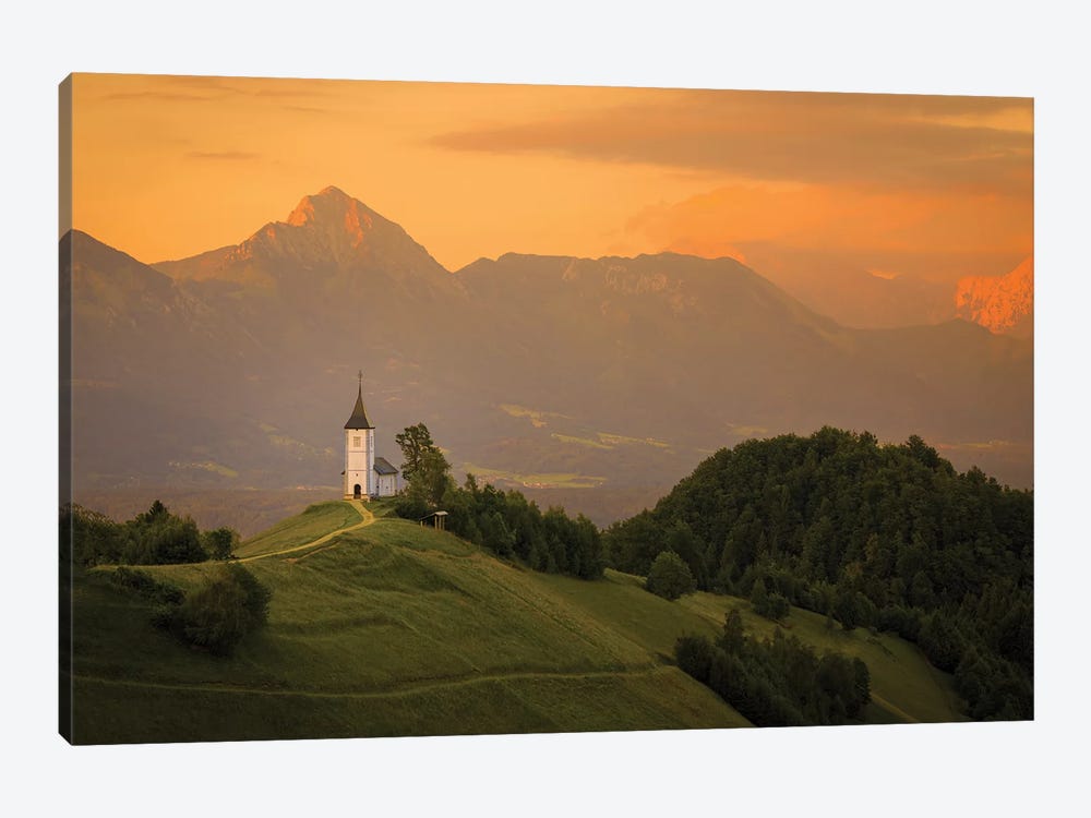 Europe, Slovenia. Chapel Of St. Primoz At Sunset. by Jaynes Gallery 1-piece Art Print