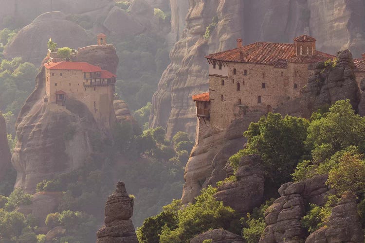 Greece, Meteora. Isolated Monasteries On Cliffs.