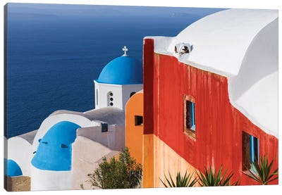 Greece, Santorini, Oia. Colorful House And Church. Canvas Art Print - Blue Domed Church Santorini