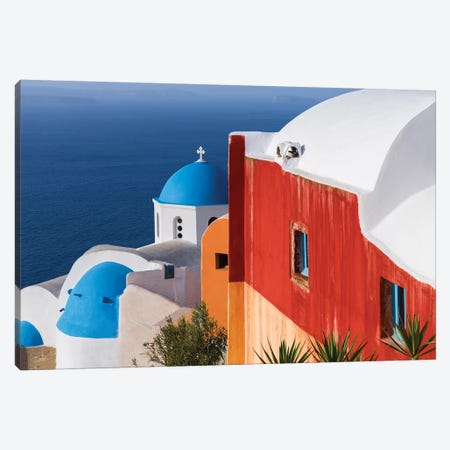 Greece, Santorini, Oia. Colorful House And Church. Canvas Print #JYG951} by Jaynes Gallery Canvas Art Print