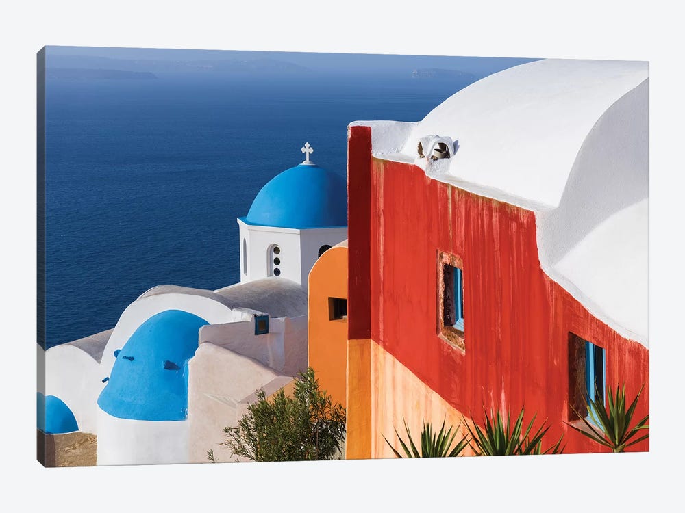 Greece, Santorini, Oia. Colorful House And Church. by Jaynes Gallery 1-piece Canvas Wall Art