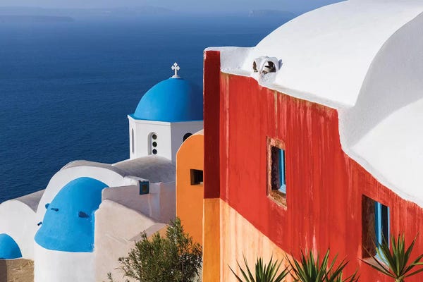 Blue Domed Church Santorini: Greece, Santorini, Oia. Colorful House And Church. by Jaynes Gallery