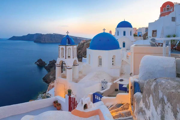 Blue Domed Church Santorini: Greece, Santorini, Oia. Sunset On Coastal Town. by Jaynes Gallery