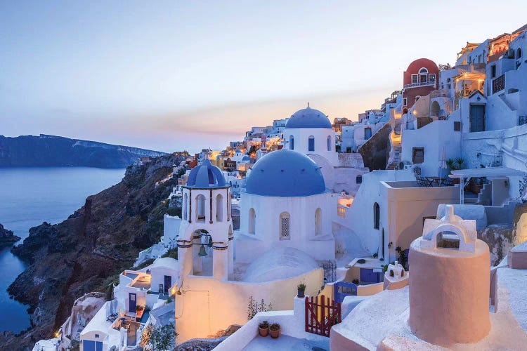 Greece, Santorini, Oia. Sunset On Coastal Town.