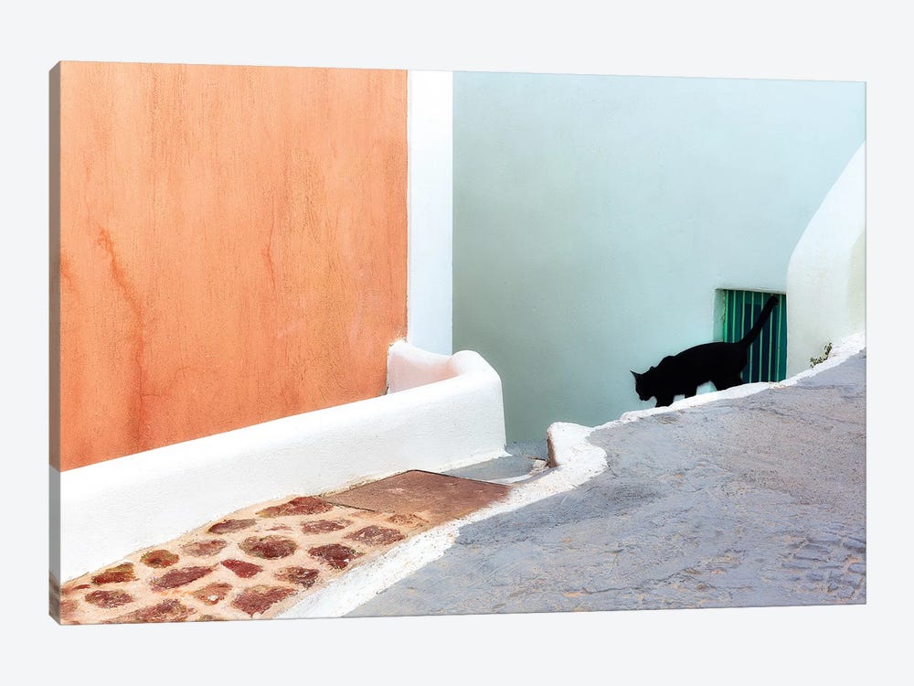 Greece, Santorini. Black Cat Descending Stairway. by Jaynes Gallery 1-piece Canvas Print