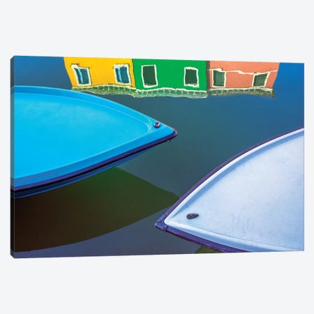 Italy, Burano. Boat Bows And House Reflection In Canal. Canvas Print #JYG958} by Jaynes Gallery Art Print