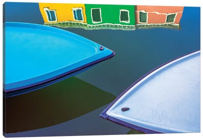 Italy, Burano. Boat Bows And House Reflection In Canal. Canvas Art Print - Burano
