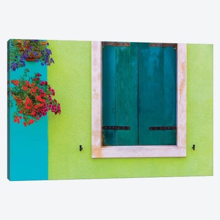 Italy, Burano. Colorful House Wall And Window. Canvas Print #JYG961} by Jaynes Gallery Canvas Art