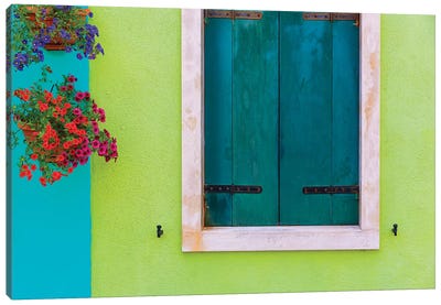 Italy, Burano. Colorful House Wall And Window. Canvas Art Print - Burano