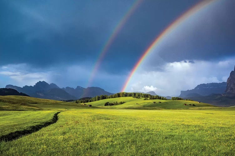 Italy, Dolomites, Alpi Di Siusi. Double Rainbow Over Mountain Meadow.