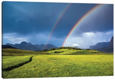 Italy, Dolomites, Alpi Di Siusi. Double Rainbow Over Mountain Meadow. Canvas Art Print - Jaynes Gallery