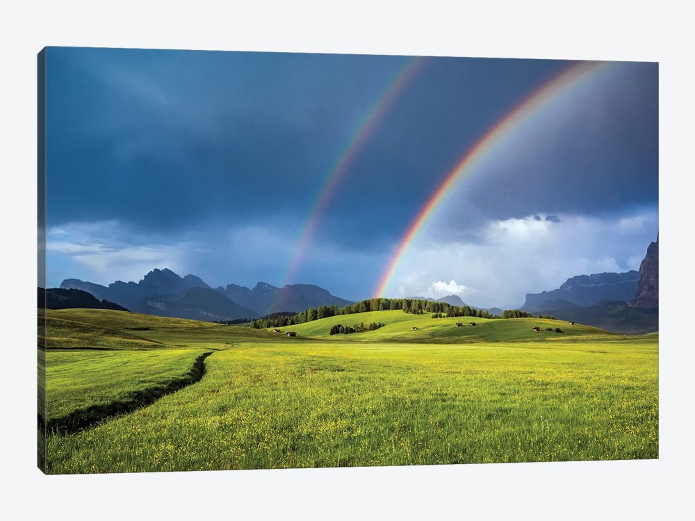 Italy, Dolomites, Alpi Di Siusi. Double Rainbow Over Mountain Meadow. by Jaynes Gallery 1-piece Canvas Wall Art