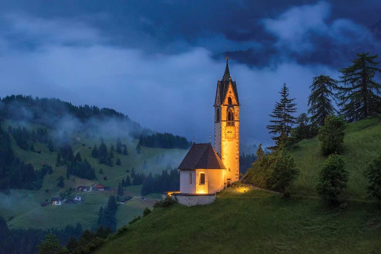 Italy, Dolomites, Val Di Funes. Chapel Of St. Barbara At Sunset.