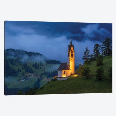 Italy, Dolomites, Val Di Funes. Chapel Of St. Barbara At Sunset. Canvas Print #JYG975} by Jaynes Gallery Canvas Artwork