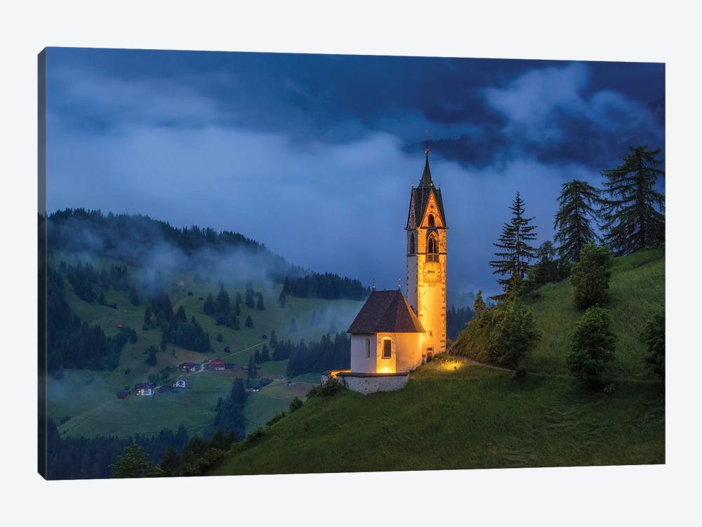 Italy, Dolomites, Val Di Funes. Chapel Of St. Barbara At Sunset. by Jaynes Gallery 1-piece Canvas Art