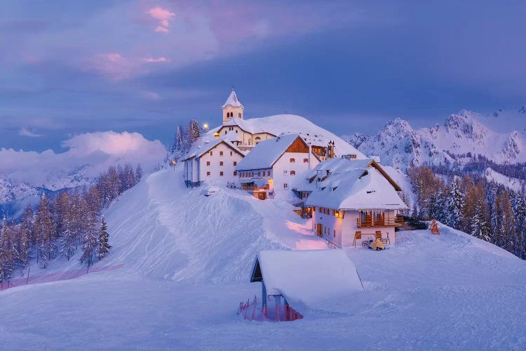 Italy, Monte Lussari. Winter Night At Ski Resort.