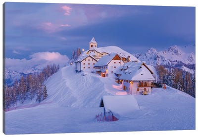 Italy, Monte Lussari. Winter Night At Ski Resort. Canvas Art Print