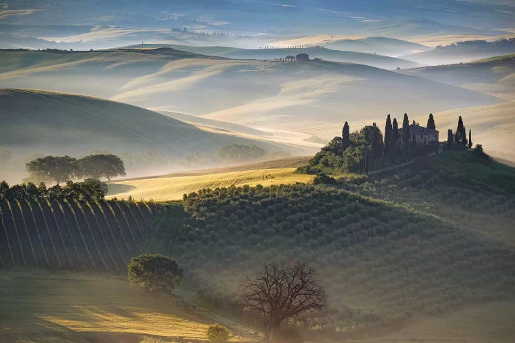 Italy, Tuscany, Val D' Orcia. The Belvedere Farmhouse At Sunrise.