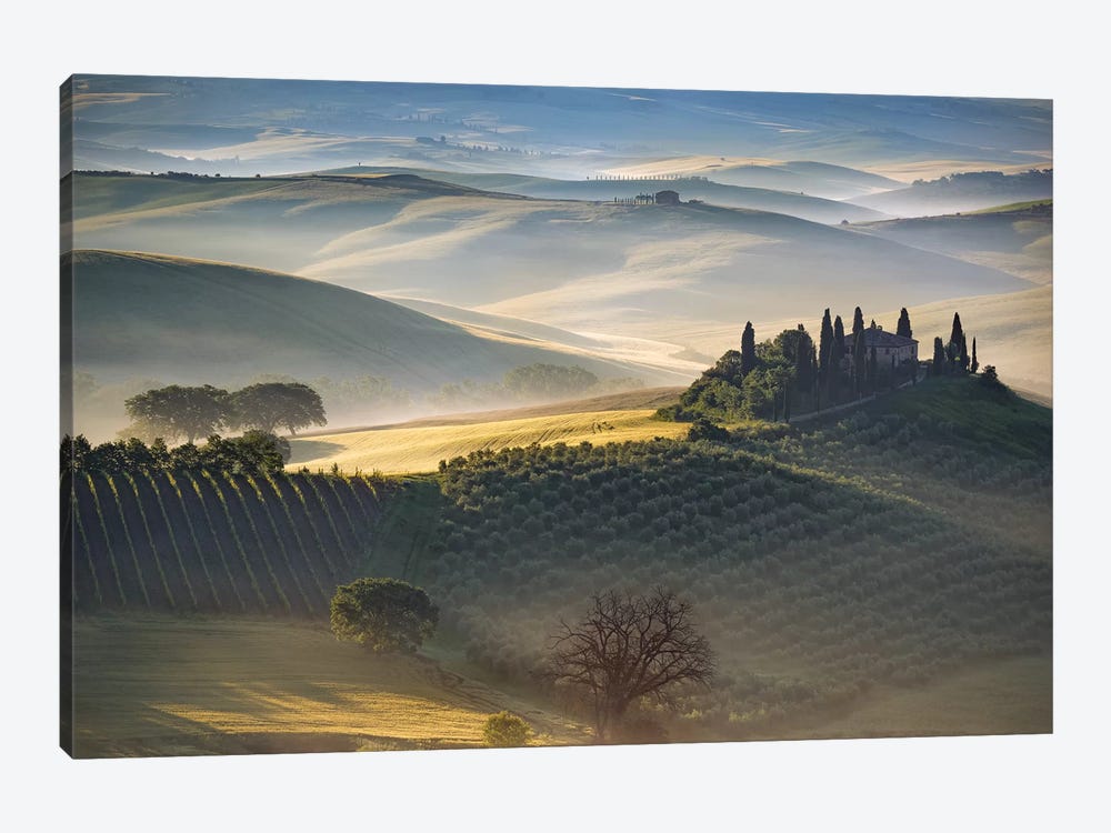 Italy, Tuscany, Val D' Orcia. The Belvedere Farmhouse At Sunrise. by Jaynes Gallery 1-piece Art Print