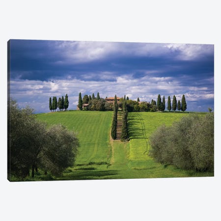 Italy, Tuscany, Val D'Orcia. Farmhouse And Storm Clouds At Sunset. Canvas Print #JYG982} by Jaynes Gallery Canvas Artwork