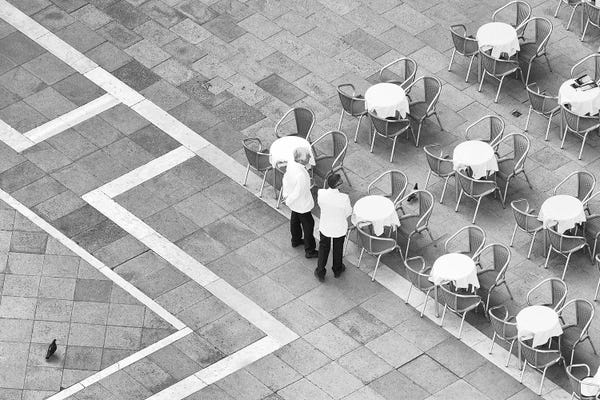 City Parks: Italy, Venice. Black And White Looking Down On Waiters In San Marco Square From Campanile. by Jaynes Gallery