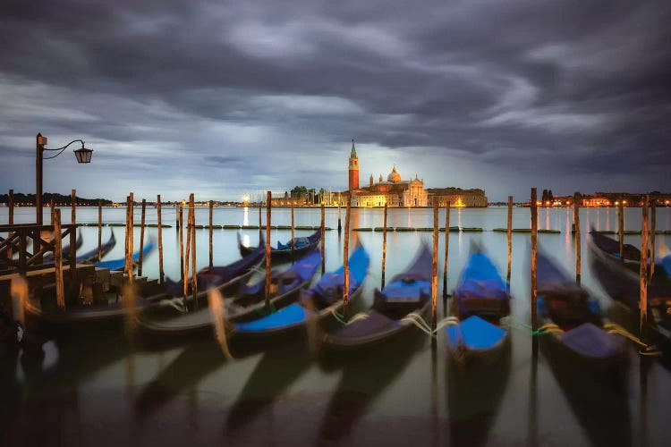 Italy, Venice. Moored Gondolas And Church Of San Giorgio Maggiore At Sunrise.