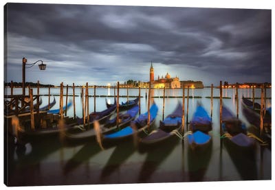 Italy, Venice. Moored Gondolas And Church Of San Giorgio Maggiore At Sunrise. Canvas Art Print - Rowboat Art