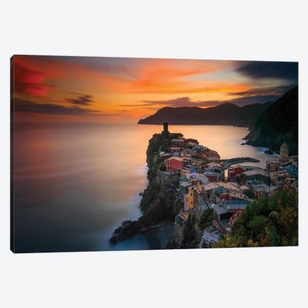 Italy, Vernazza. Overview Of Coastal Town At Sunset. Canvas Print #JYG988} by Jaynes Gallery Canvas Artwork