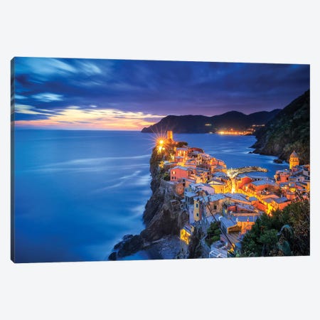 Italy, Vernazza. Overview Of Coastal Town At Sunset. Canvas Print #JYG989} by Jaynes Gallery Canvas Art