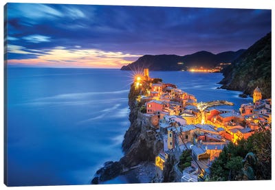 Italy, Vernazza. Overview Of Coastal Town At Sunset. Canvas Art Print