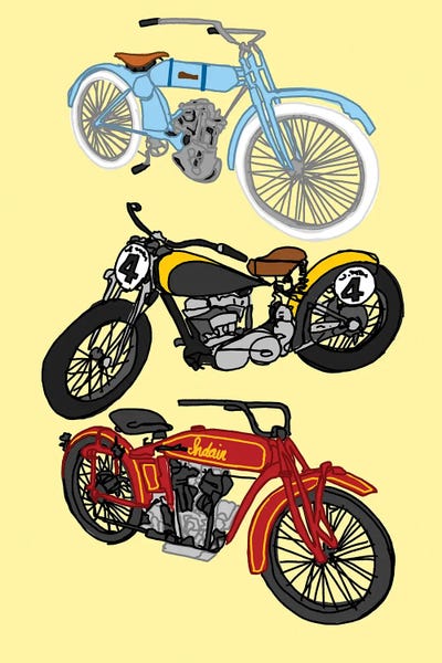 3 Antique Motorcycles Yellow by Jaymie Metz art print