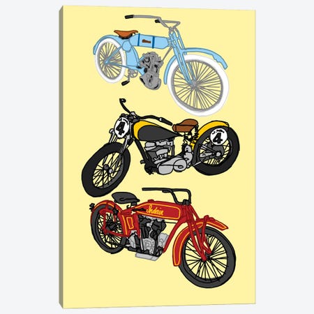 3 Antique Motorcycles Yellow Canvas Print #JYM163} by Jaymie Metz Canvas Wall Art